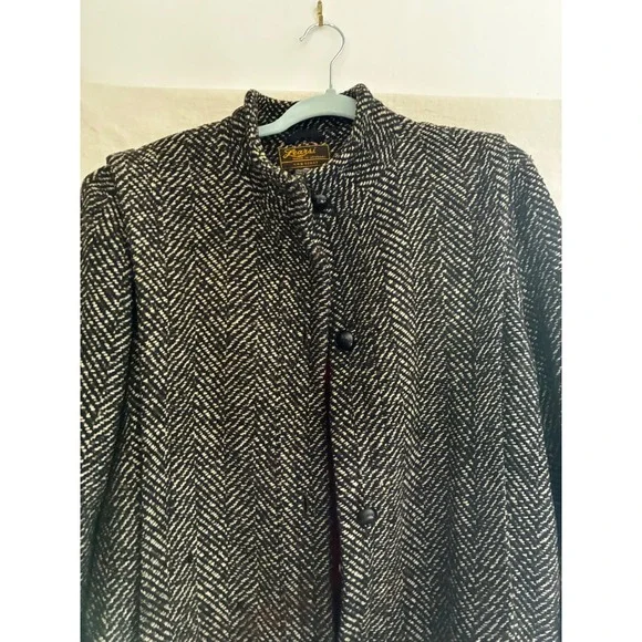 VTG Learsy 100% Wool Herringbone Coat Black White Red Lining Made in Uruguay 12 - Picture 4 of 16